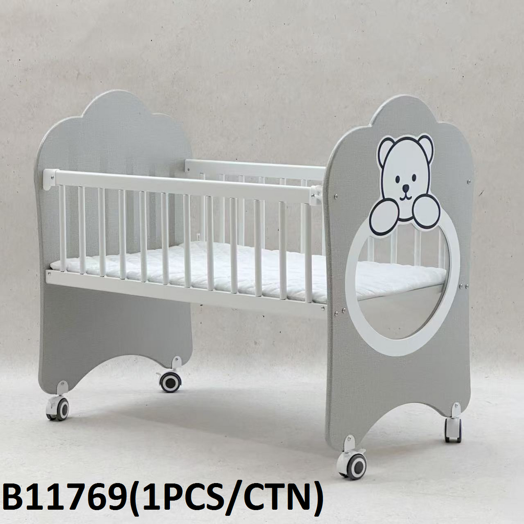 Grey Wooden Cradle with Bear Design - B11769