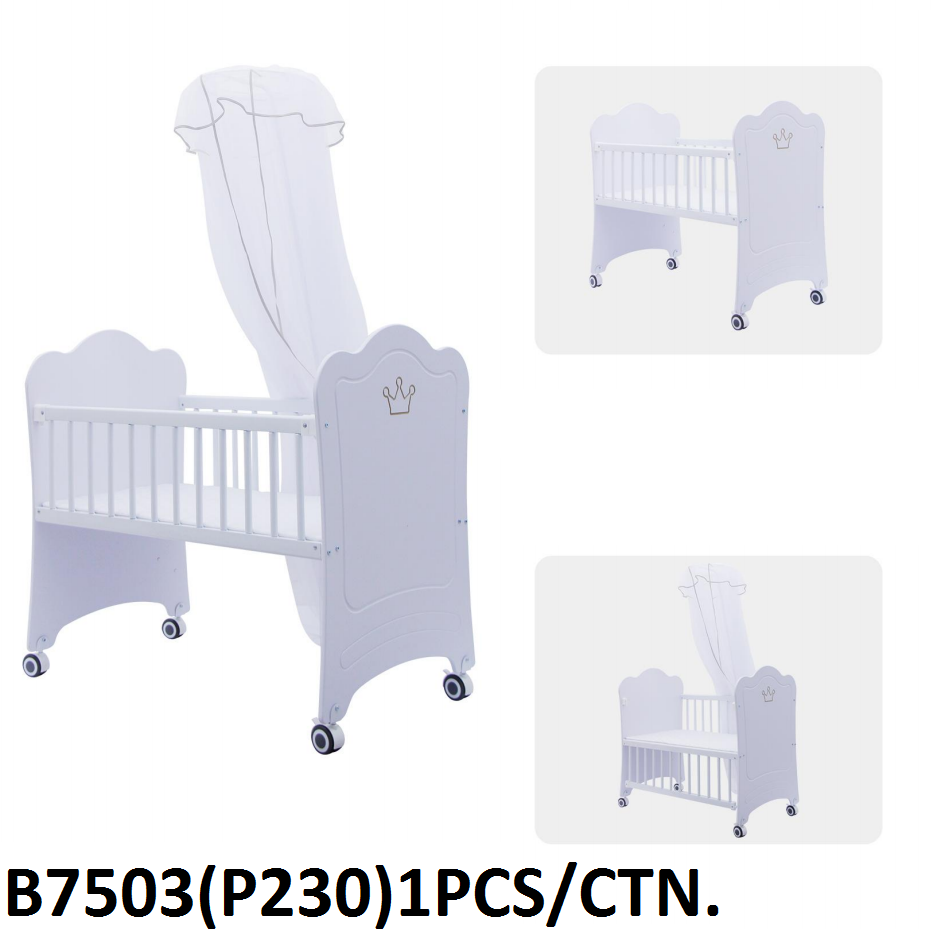 White Wooden Bassinet – Elegant Design with Crown Emblem & Canopy - B7503